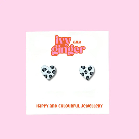 MINI LEOPARD PRINT WHITE & GREY HEART STUDS