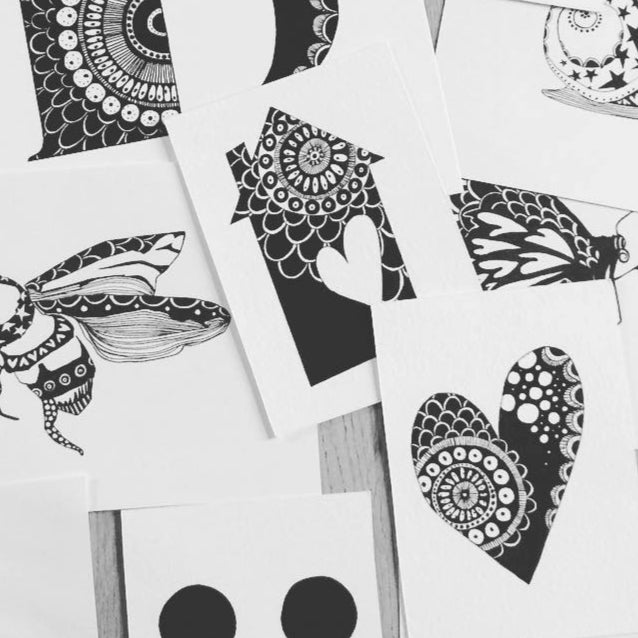 Monochrome greeting cards A6, hand drawn by Cara Findlay, blank inside for personal messages