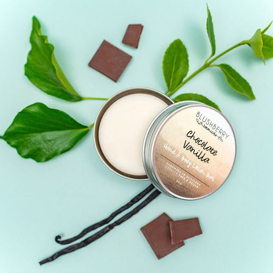 Chocolate vanilla hand & body lotion bar in aluminium tin, 55g