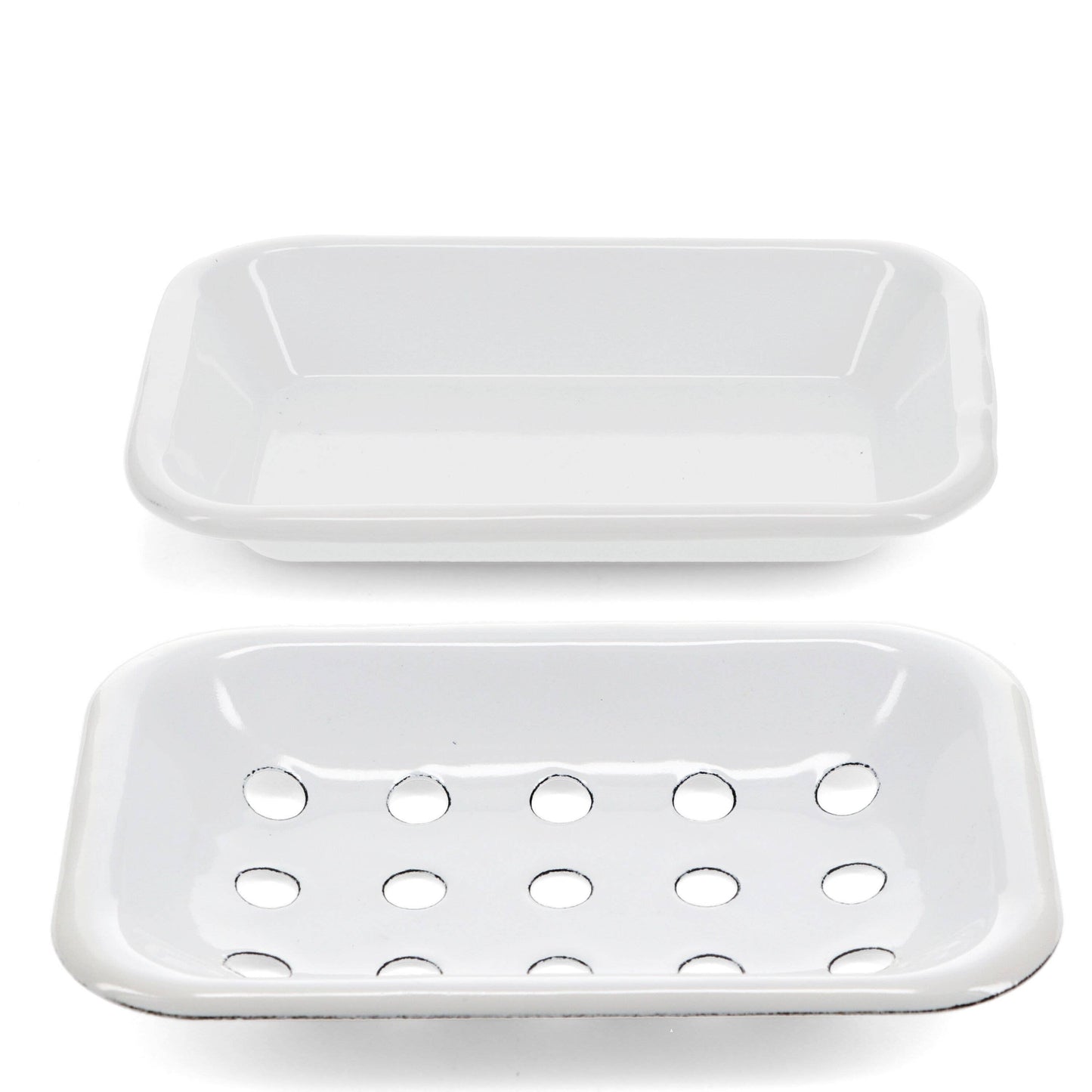 White retro enamel soap dish with black distressed edges, drainage holes and drip tray