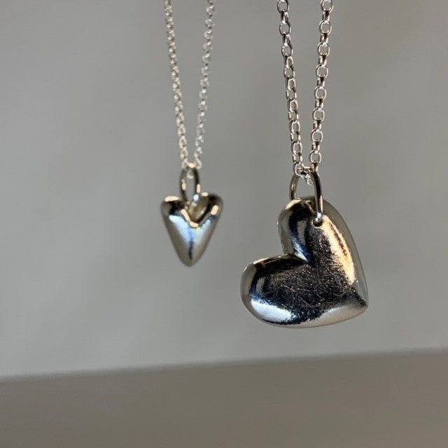 Two solid silver chunky heart pendant necklaces handmade in Dundee with 18-inch chain