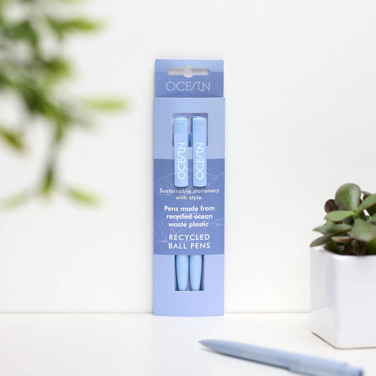 Set of two OCEAN recycled ball pens made from ocean waste plastic, with printed clips and blue ink - Sea Blue