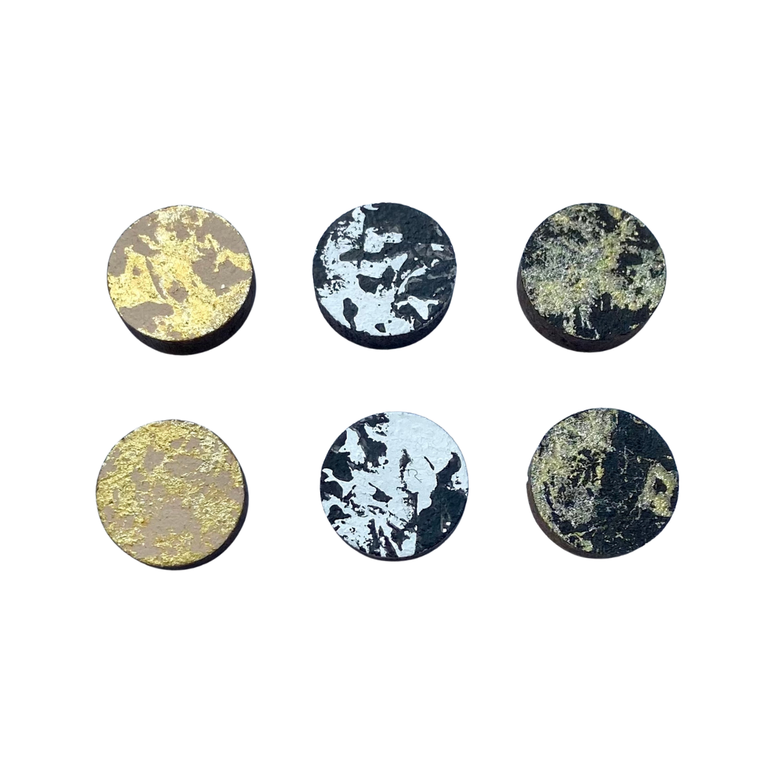Black, cream, and gold hand-painted wooden stud earrings, 10mm FSC certified, with surgical steel backs for sensitive ears.