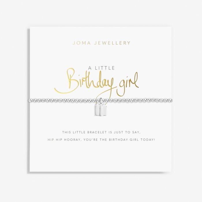 Silver-plated stretch beaded bracelet with present shaped present. Presented on a card saying BIRTHDAY GIRL.