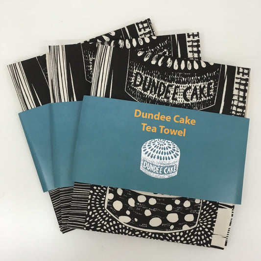 Dundee Delights tea towel with Dundee Cake illustration by Louise Kirby