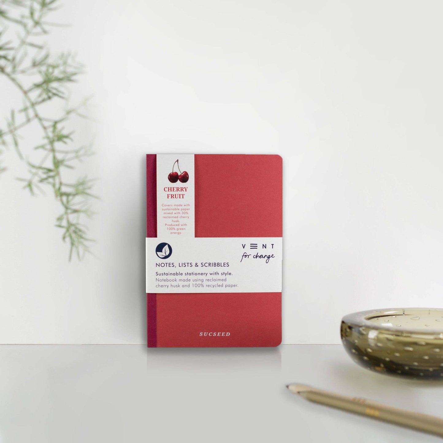 A6 notebook with SUCSEED cover, made from cherry fruit waste and recycled paper, with lined, plain and numbered page