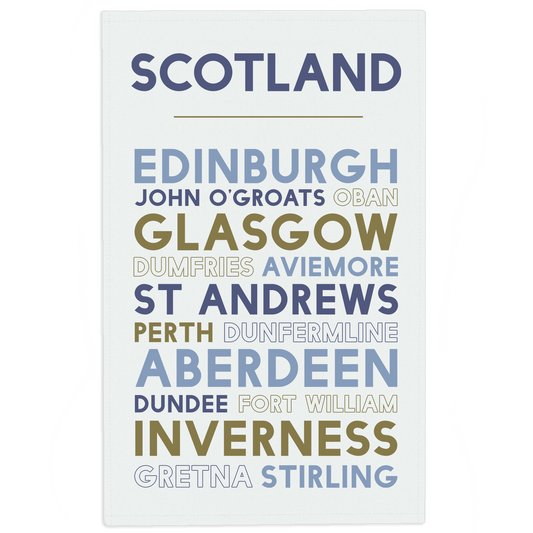 Teatowel with Scottish cities listed in a decorative font on a white background