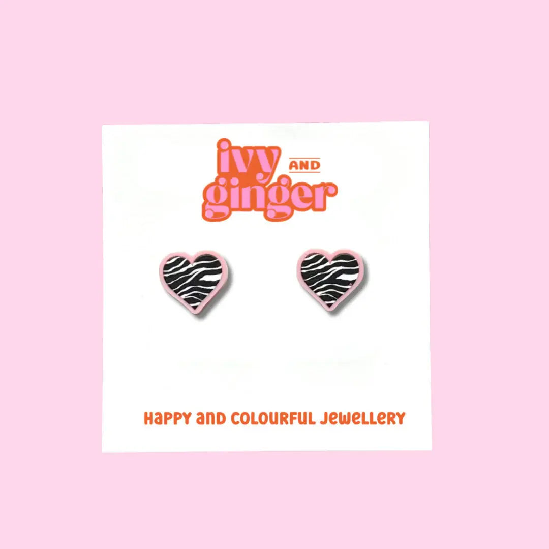 PASTEL PINK ZEBRA HEART STUDS