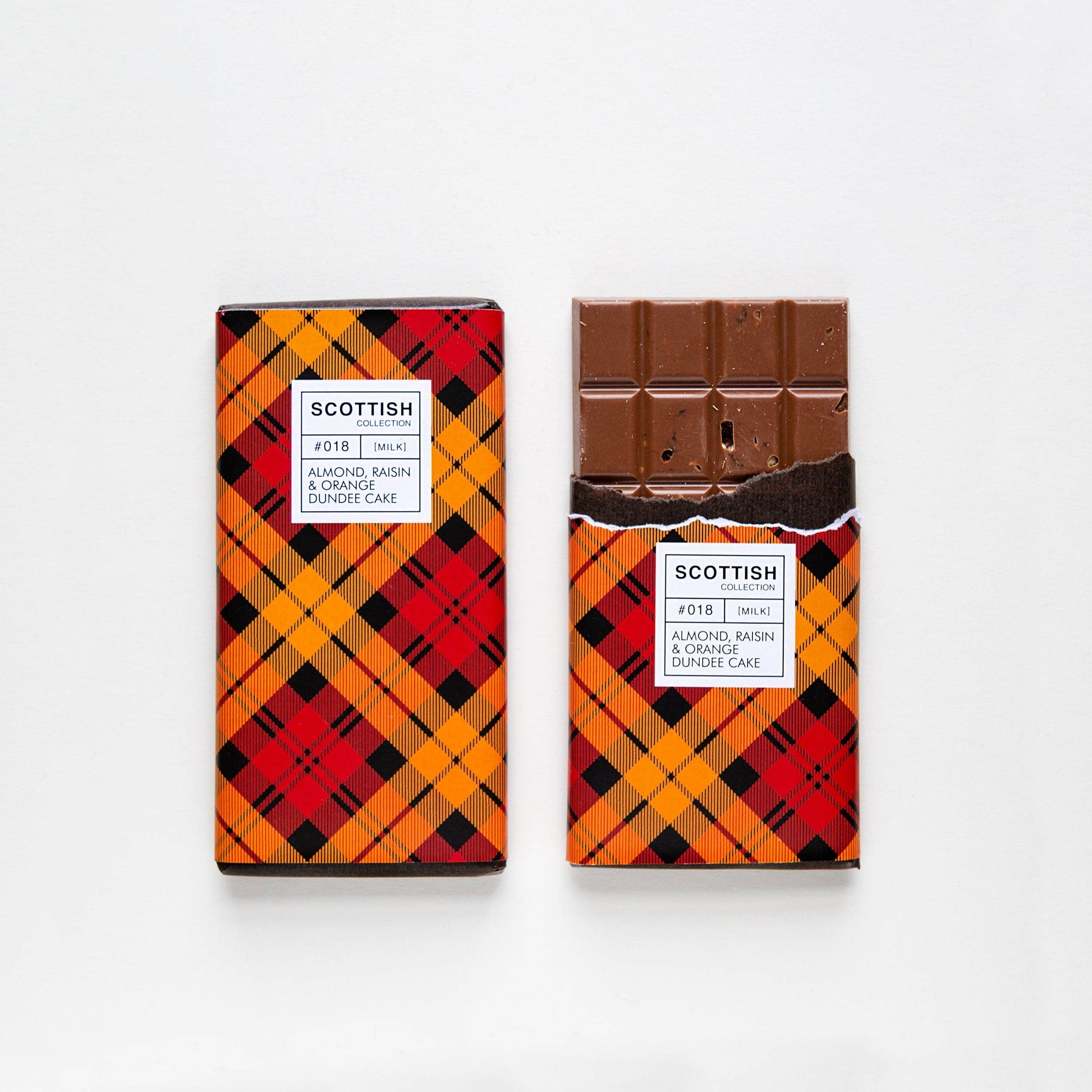 Milk chocolate bar with almonds, raisins, and candied orange, inspired by Dundee cake and marmalade, handmade in Scotland, 100g