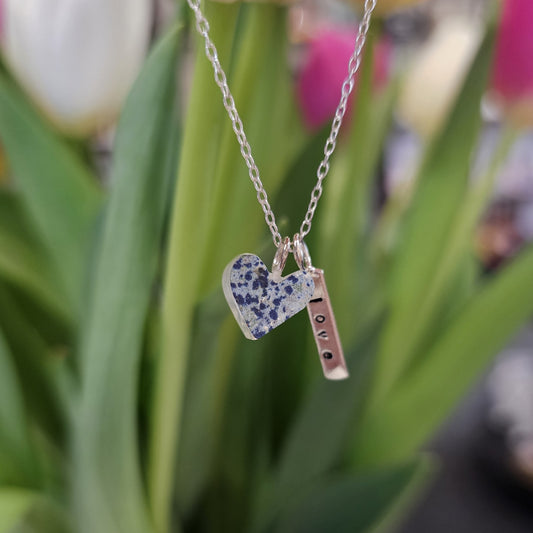 BLUE SPECKLE FLAT HEART TAG NECKLACE