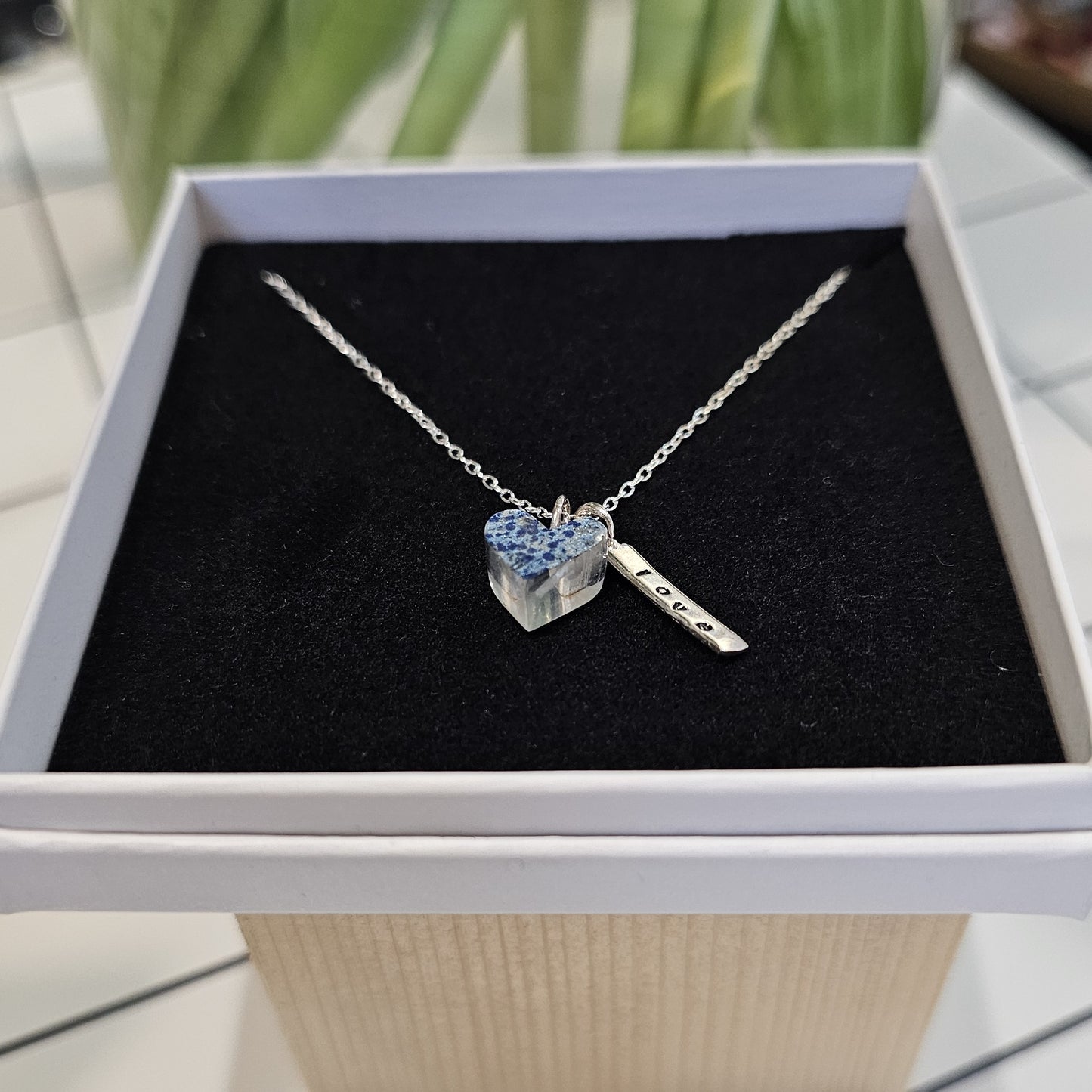 BLUE SPECKLE FLAT HEART TAG NECKLACE