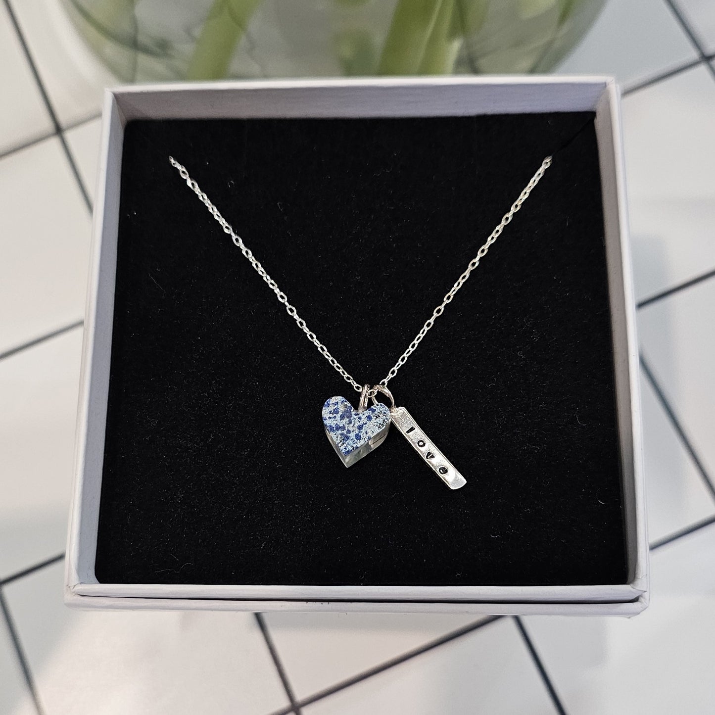 BLUE SPECKLE FLAT HEART TAG NECKLACE