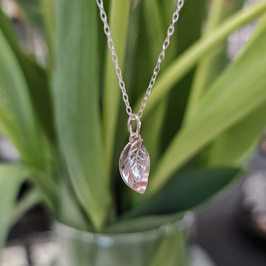 Sterling silver double leaf pendant necklace handmade in Perthshire by Diana King Jewellery