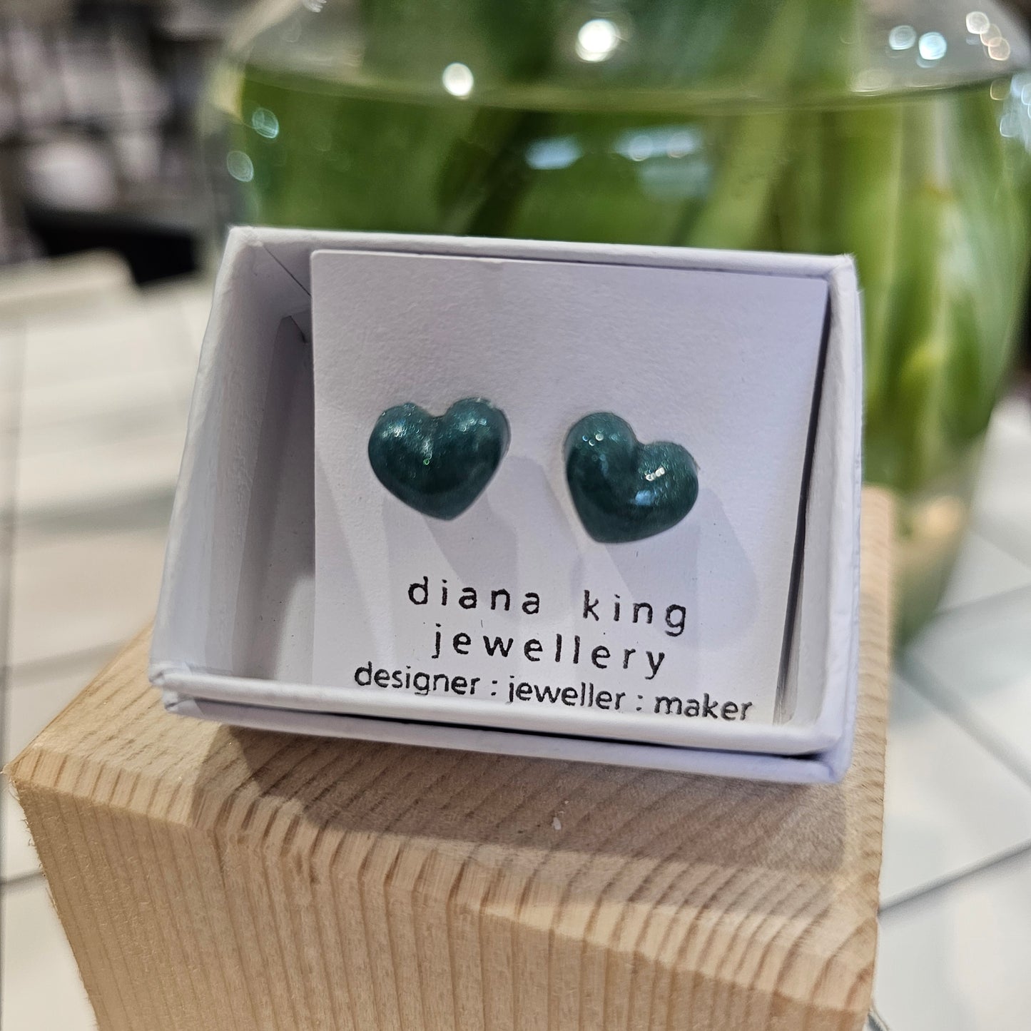 TEAL GREEN PUFF HEART STUDS