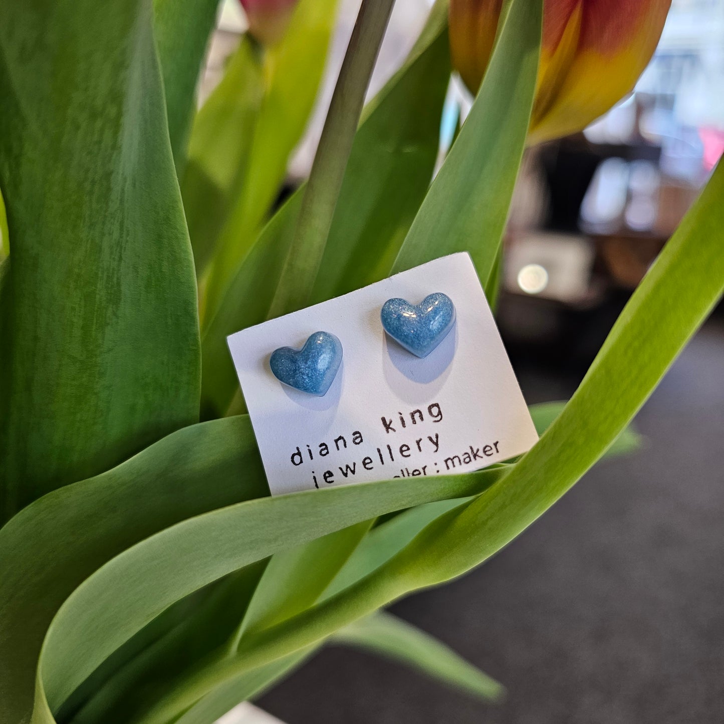 LIGHT BLUE PUFF HEART STUDS