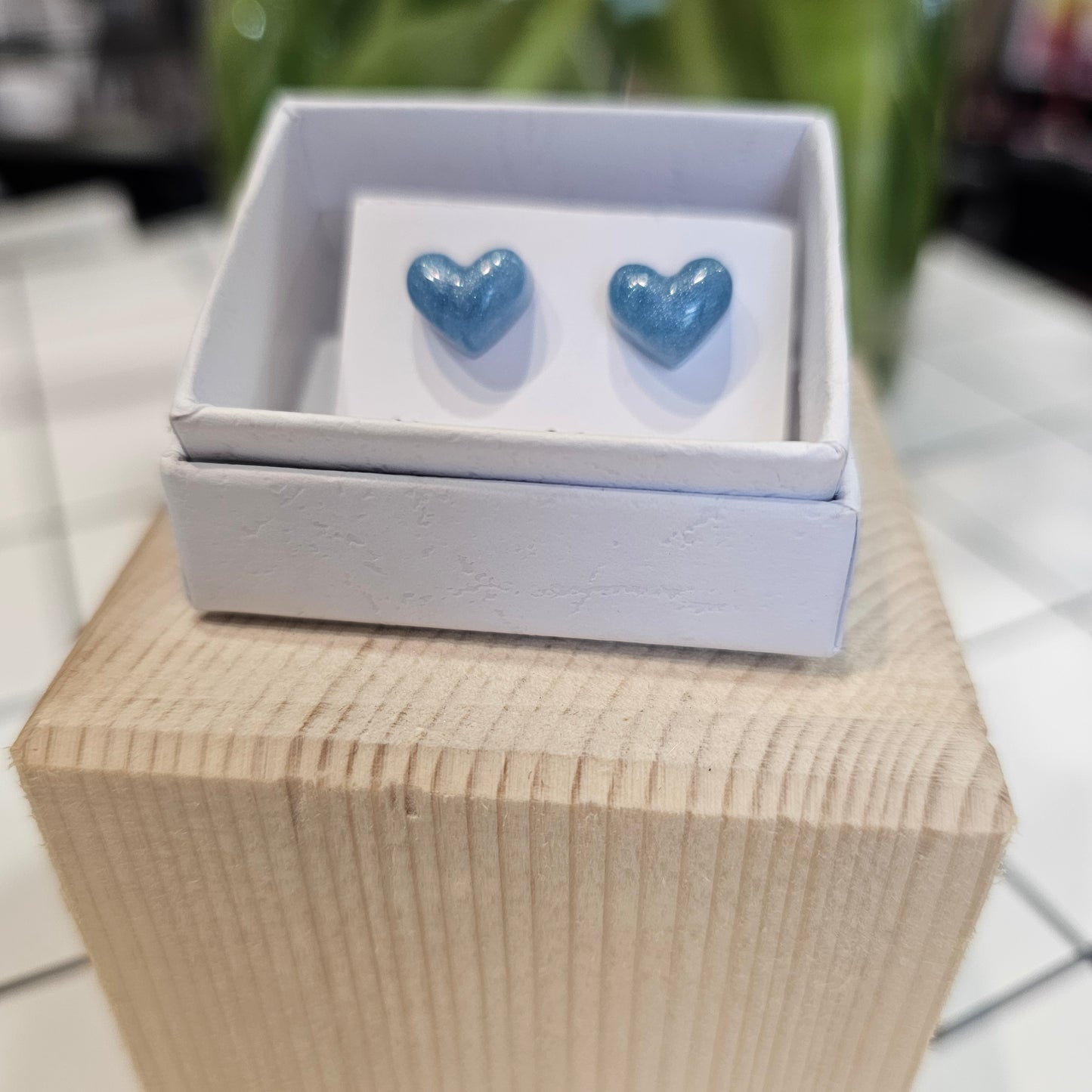 LIGHT BLUE PUFF HEART STUDS