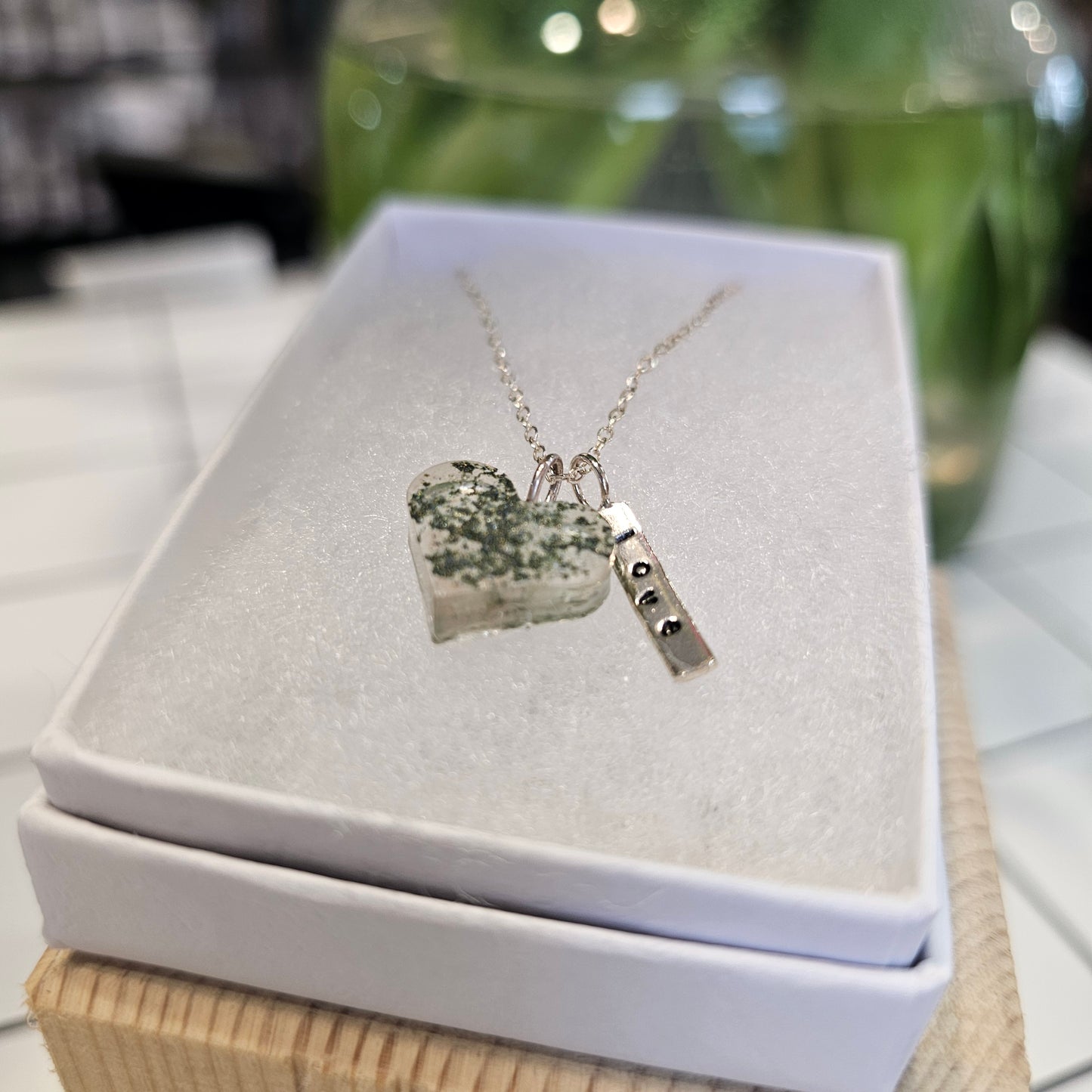 MERMAID GREEN SPECKLE FLAT HEART TAG NECKLACE