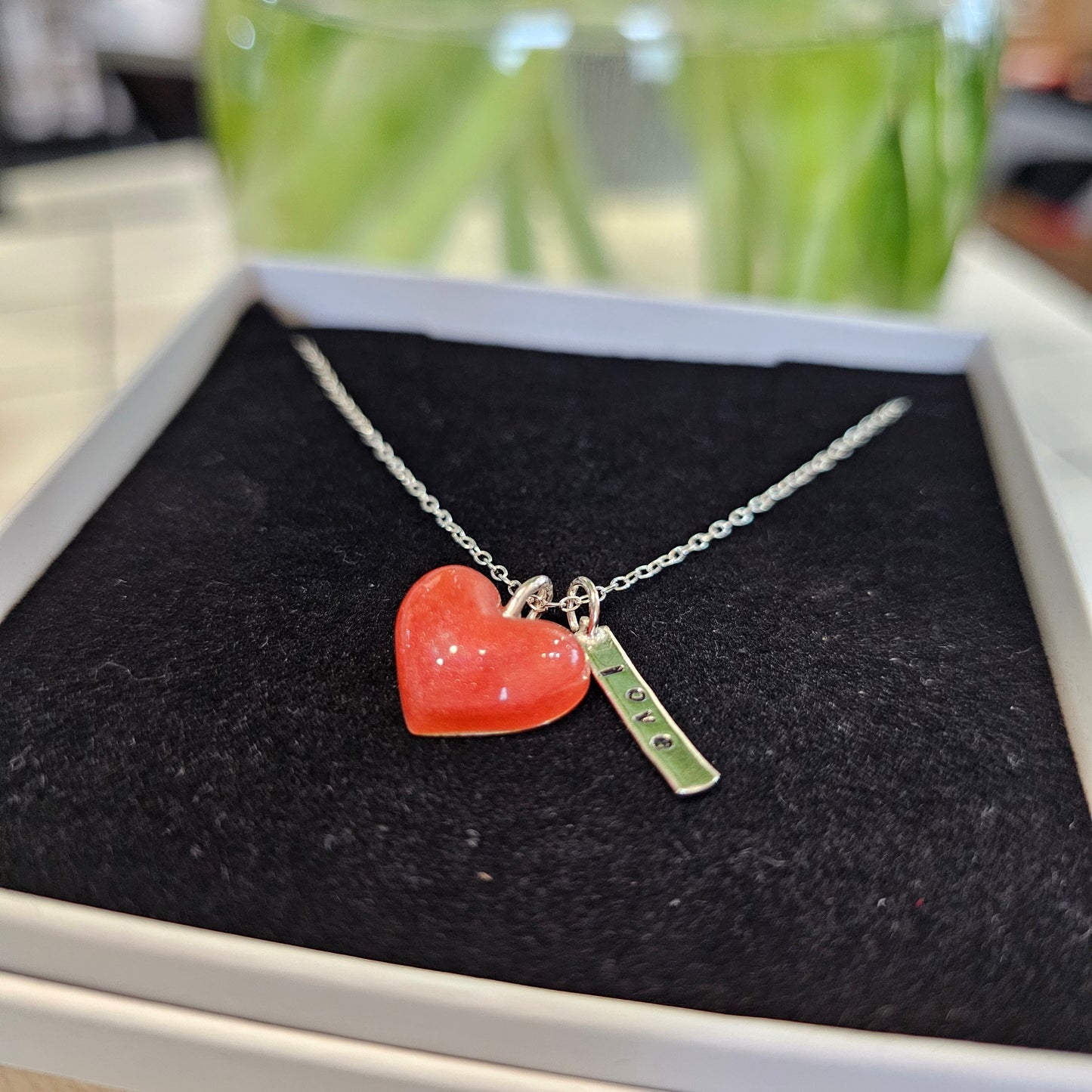 FIRE RED HEART RESIN TAG NECKLACE