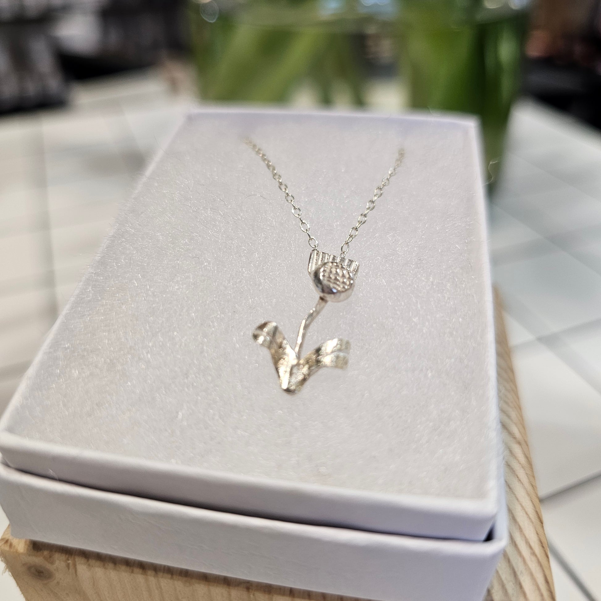 Sterling silver thistle necklace handmade in Perthshire by Diana King