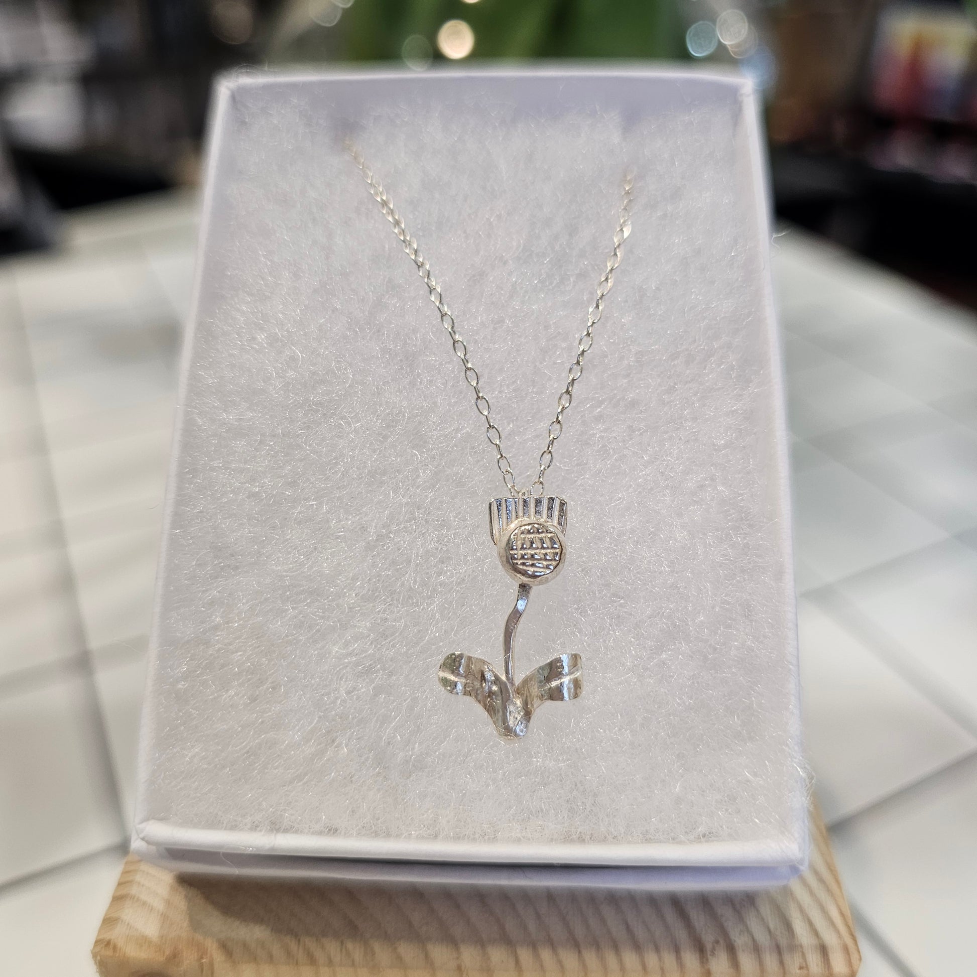 Sterling silver thistle necklace handmade in Perthshire by Diana King