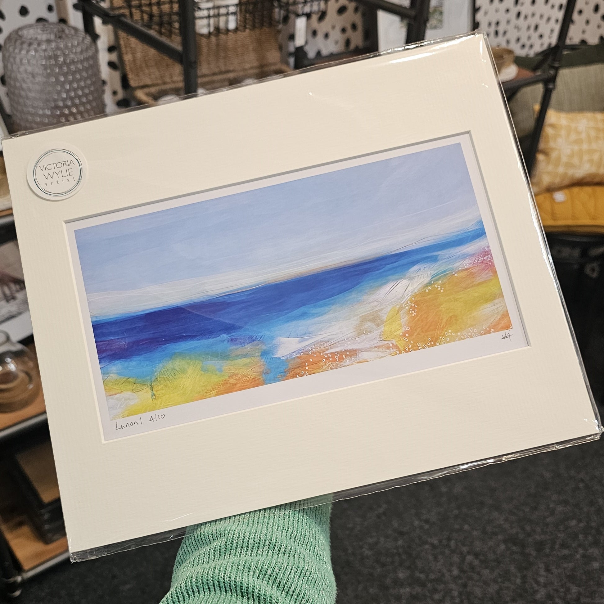 Limited edition coastal art print of Lunan Bay, Angus, in soft white mount, inspired by the Scottish coastline