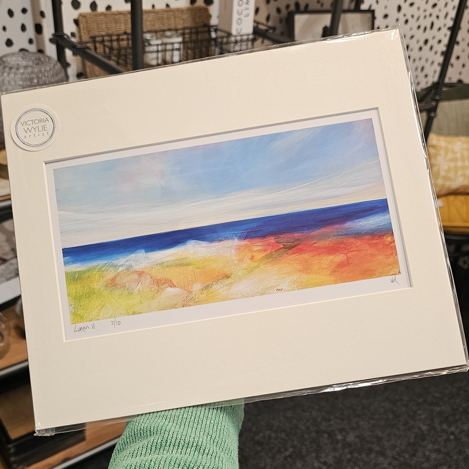 Limited edition coastal art print of Lunan Bay, Angus, in soft white mount, inspired by the Scottish coastline