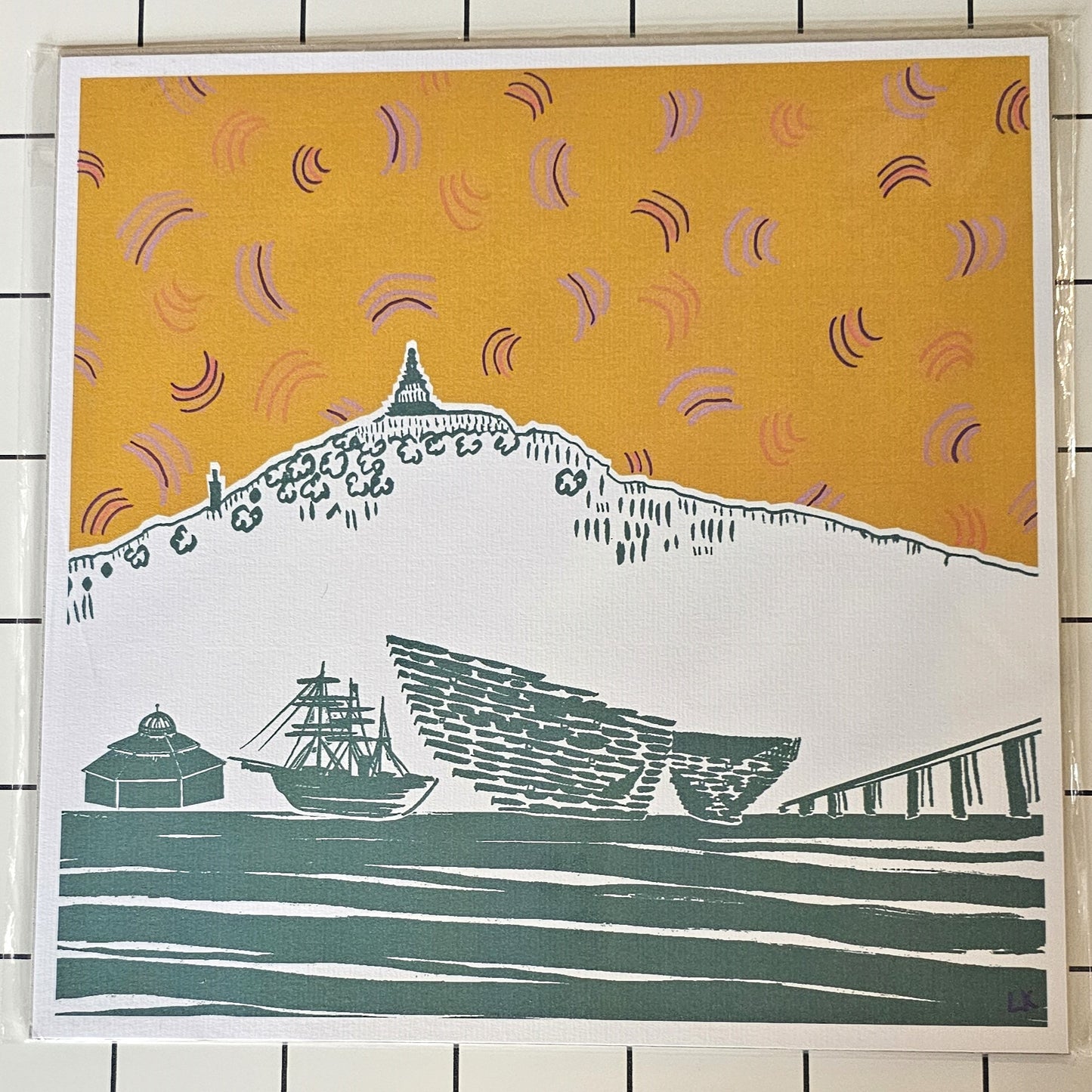 Dundee cityscape print with hand-finished marmalade orange sky by Louise Kirby