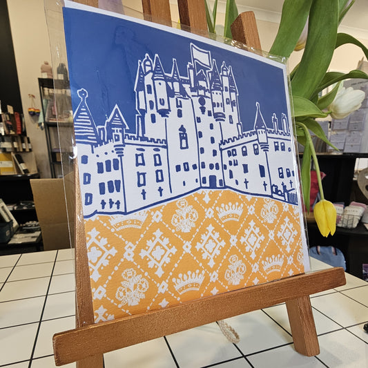 Illustrated square greetings card of Glamis Castle by Louise Kirby
