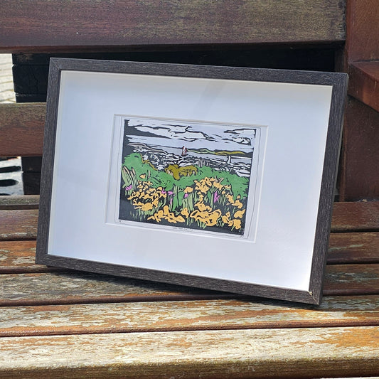 Framed lino print view of River Tay from the Dundee Law by BeeBirds