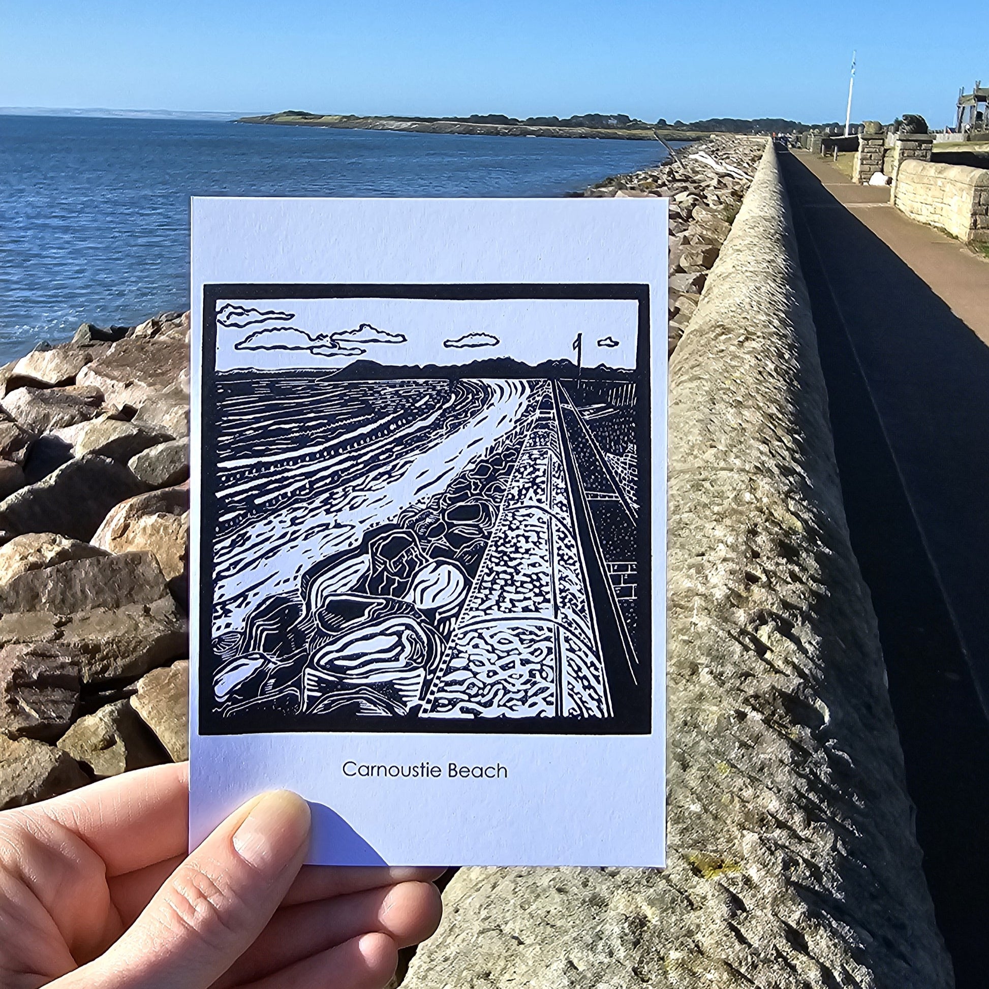 A6 postcard with linocut print of Carnoustie Beach by Pamela Scott