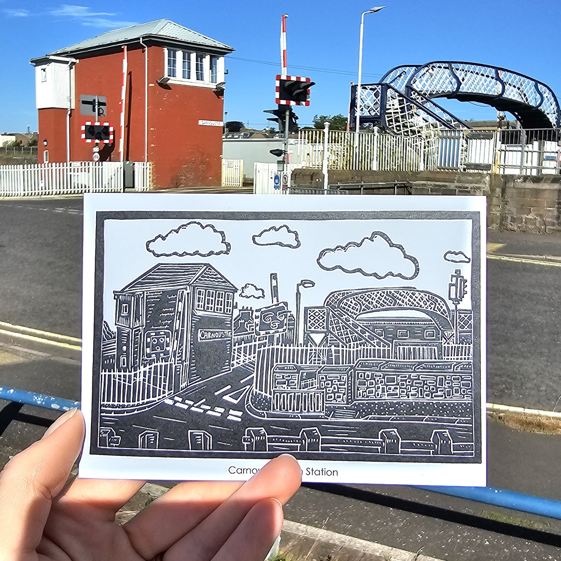 A6 postcard with linocut print of Carnoustie Train Station by Pamela Scott