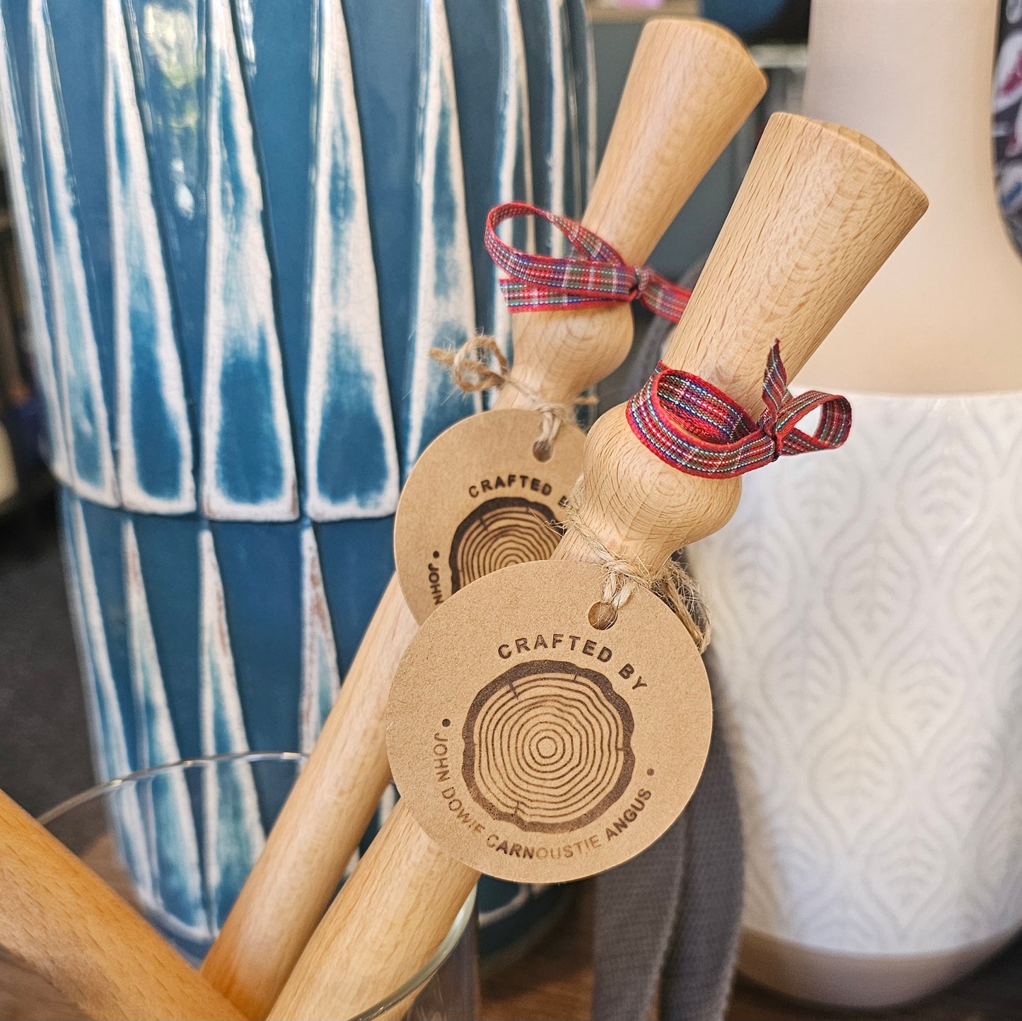 Traditional Scottish beech wood porridge spurtle with tartan ribbon.
Handmade in Carnoustie.