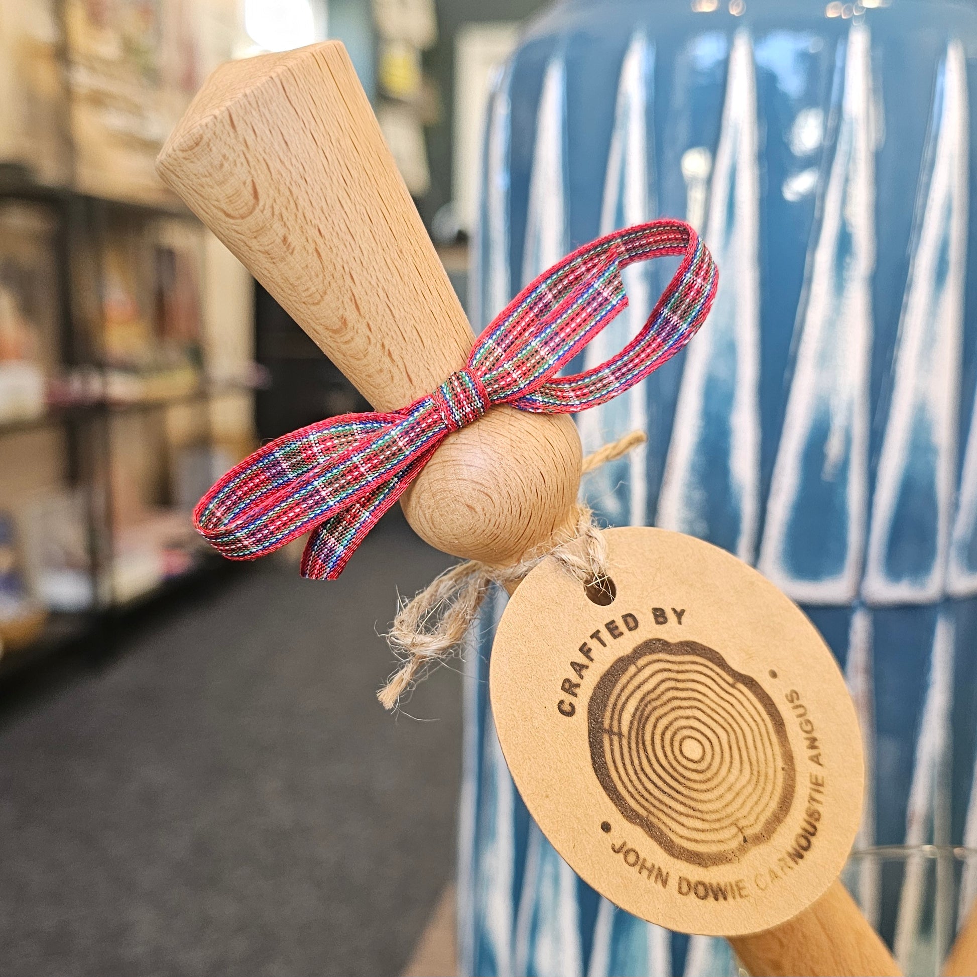 Traditional Scottish beech wood porridge spurtle with tartan ribbon.
Handmade in Carnoustie.