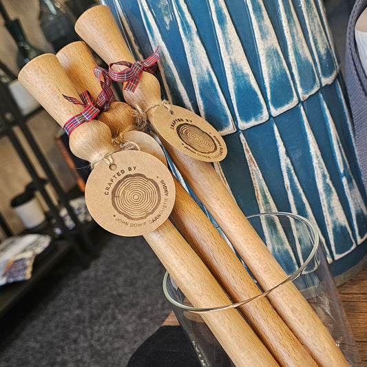 Traditional Scottish beech wood porridge spurtles with tartan ribbon. Handmade in Carnoustie.