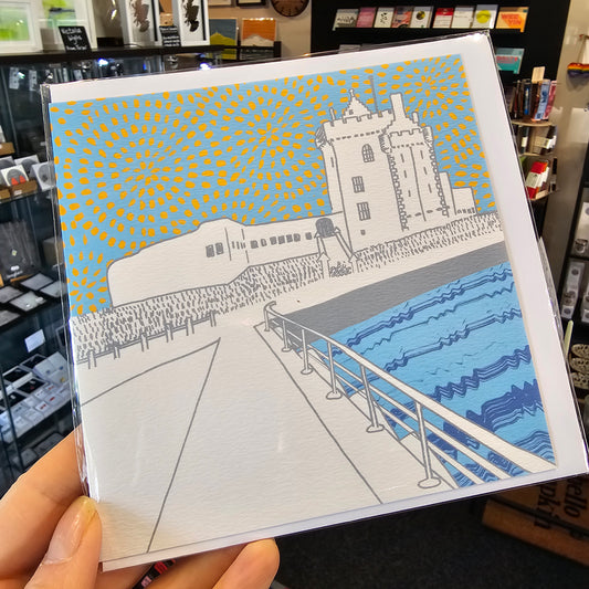Illustrated square greetings card of Broughty Ferry Castle by Louise Kirby printed in the UK