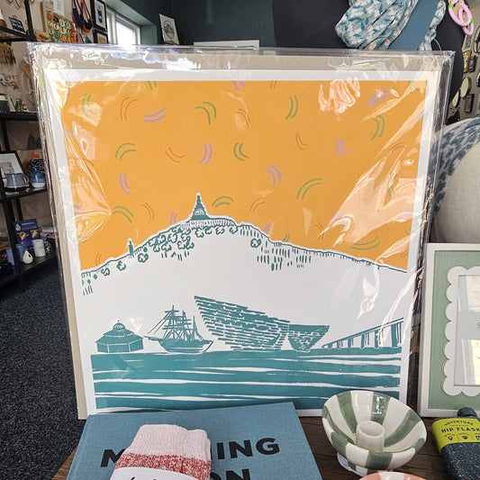 Dundee cityscape print with hand-finished marmalade orange sky by Louise Kirby compostable film