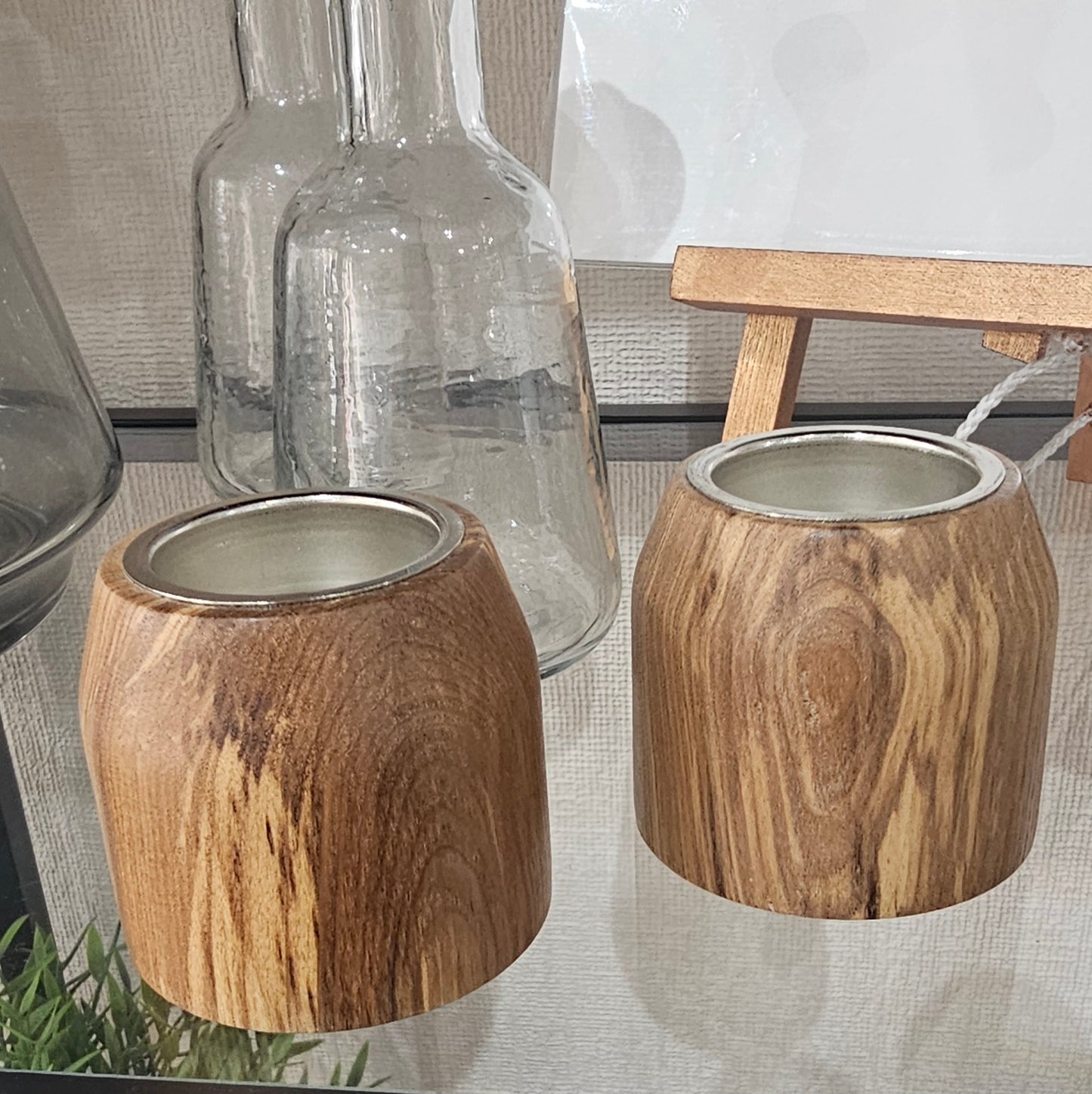 Handmade reclaimed wood tealight holder in rustic round tapered design