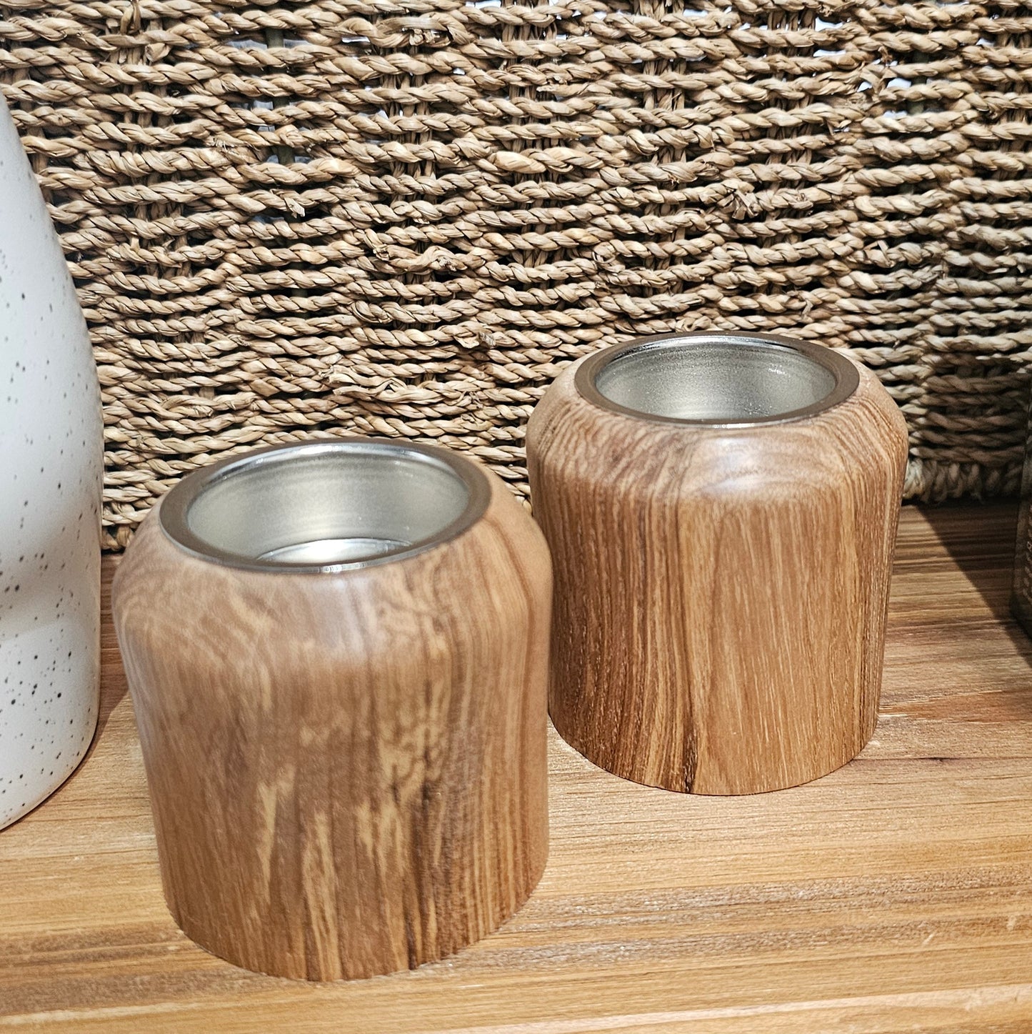 Handmade reclaimed wood tealight holder in rustic round flared design