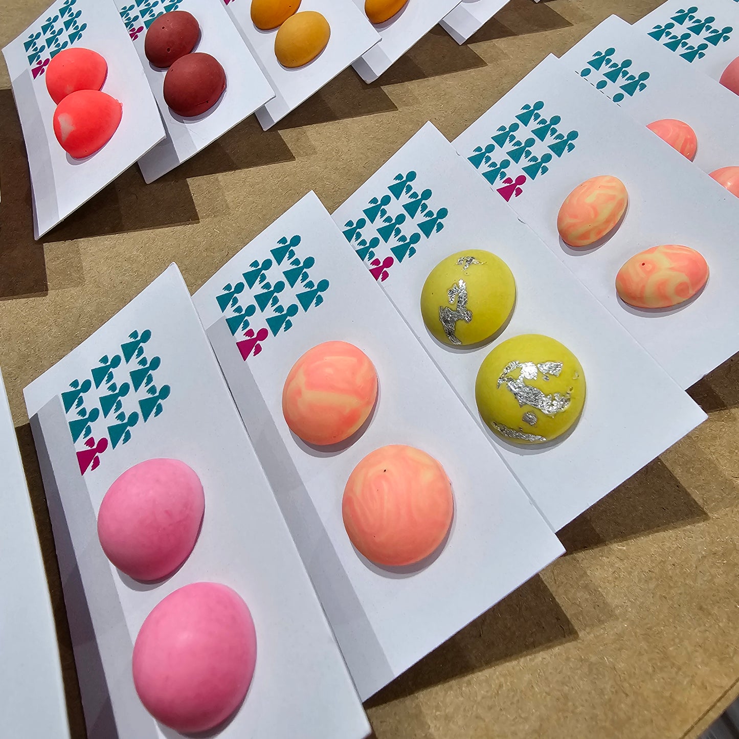 Nine Angels zero waste colourful Jesmonite stud earrings made from reused leftovers with stainless steel posts.