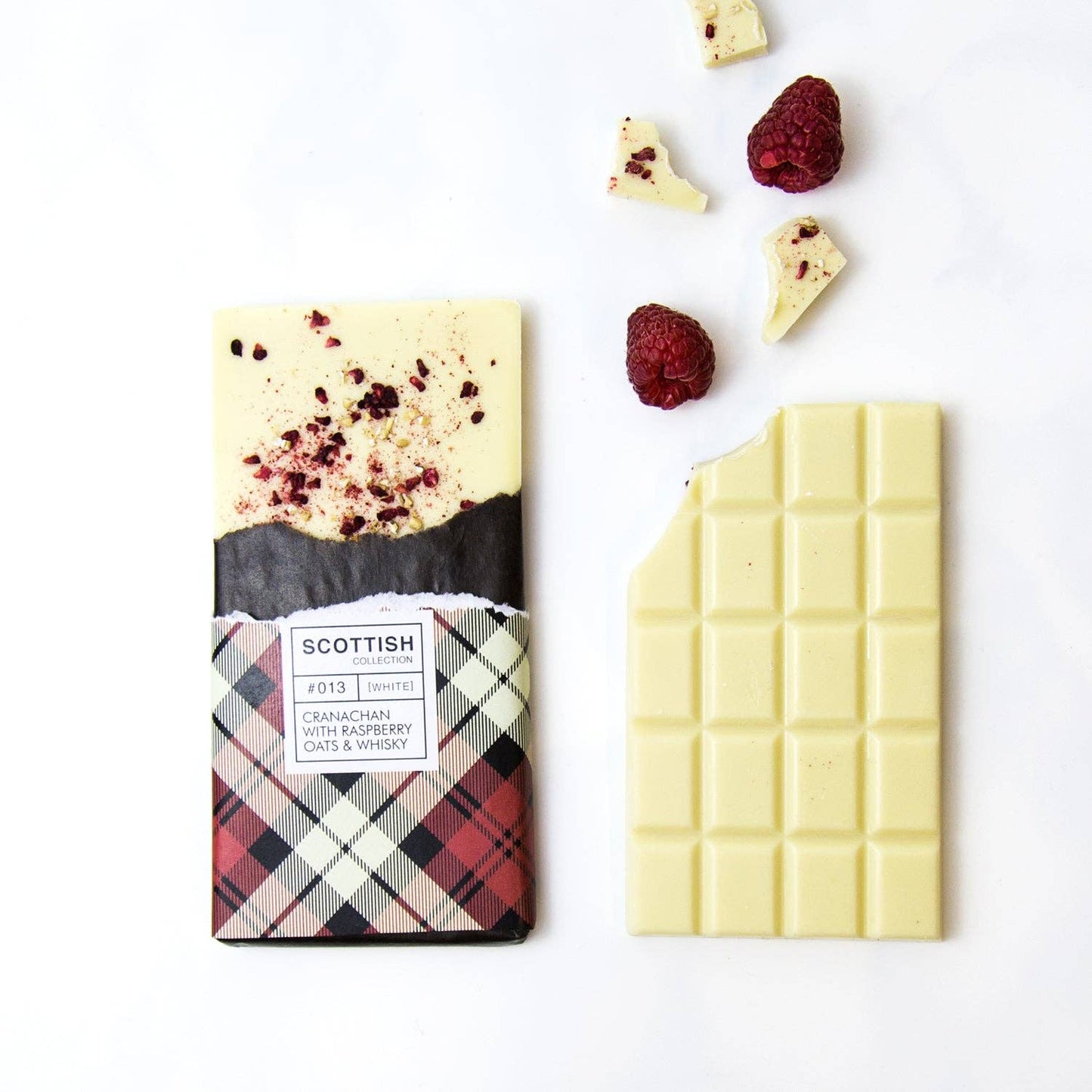 White chocolate bar with whisky, oats, and raspberry, inspired by Cranachan and handmade in Edinburgh, 100g