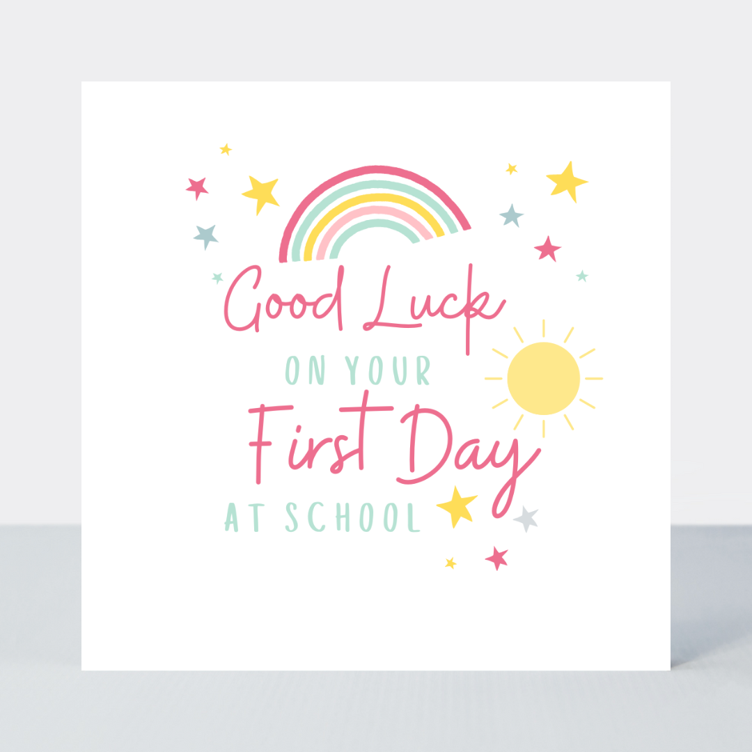 Colourful rainbow Pink First Day of School card for kids, printed in the UK on FSC paper with compostable wrap and eco packaging.