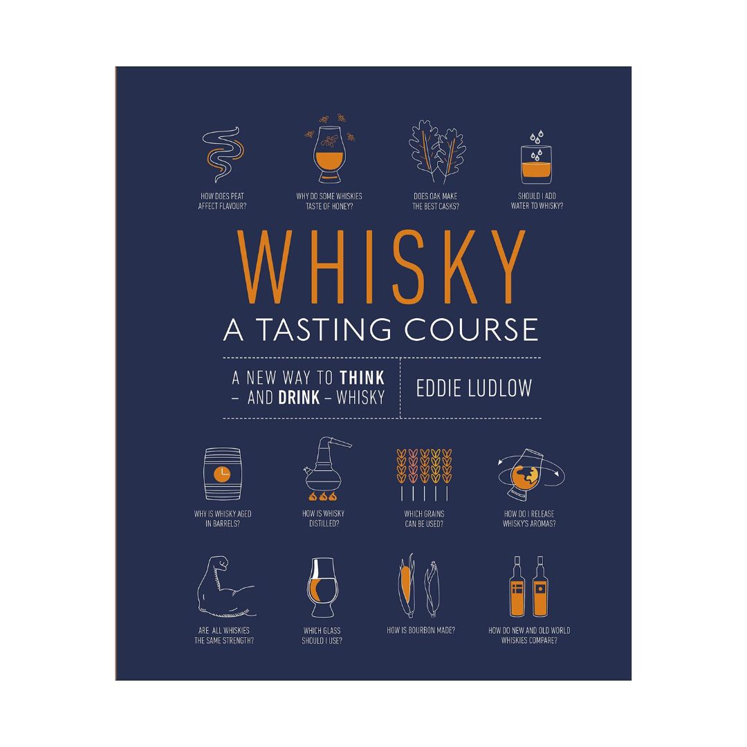 Cover of the hardback book 'Whisky Tasting Course' featuring illustrated questions about whisky.