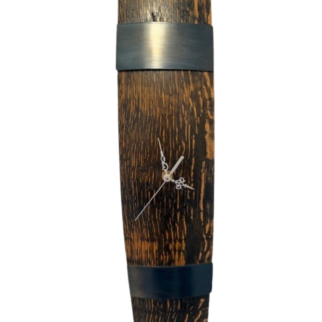 Handmade oak whisky barrel stave clock with original metal ring and hook, made in Carnoustie