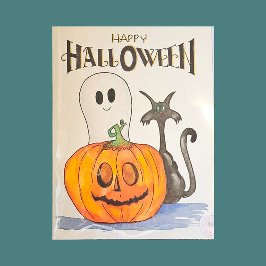Hand-painted A5 Happy Halloween card by Lill Casas with watercolour and ink Ghost, Cat and Pumpkin details.