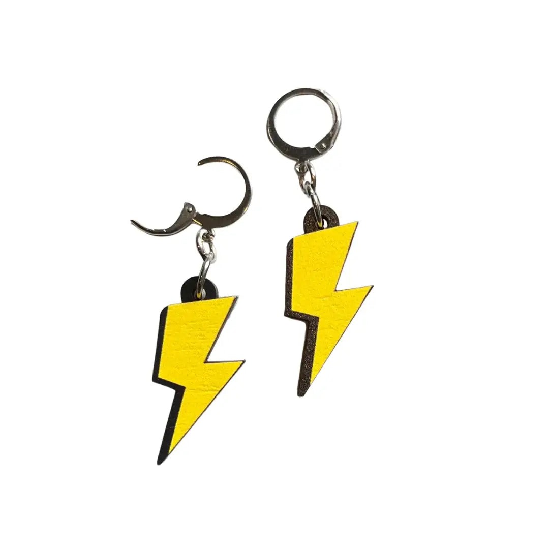 Bright lightning bolt dangle earrings, FSC wood, digital print, lightweight 45mm drop, surgical steel huggie hoops for sensitive ears.