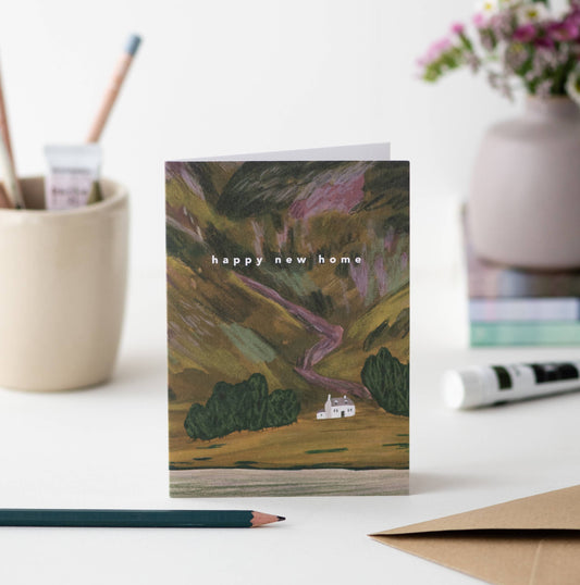 Luxury A6 happy new home greetings card with Glencoe mountain illustration, blank inside, printed on 350gsm UK card with recycled Kraft envelope