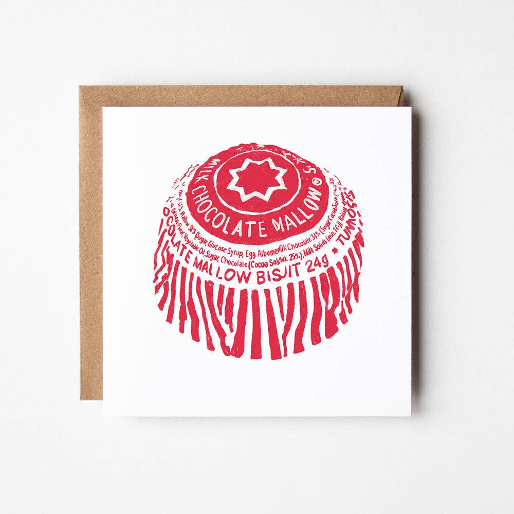 Tunnock’s Teacake greeting card with hand-drawn red foil wrapper illustration by Design Smith