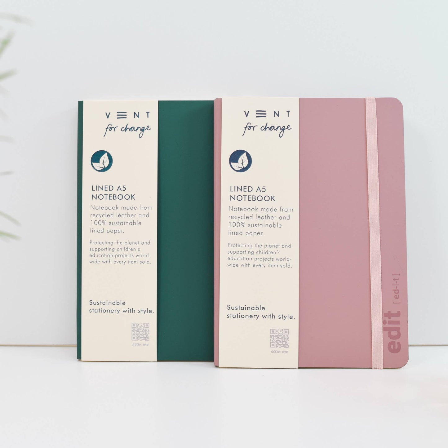 A5 recycled leather notebook with elastic closure in green or pink