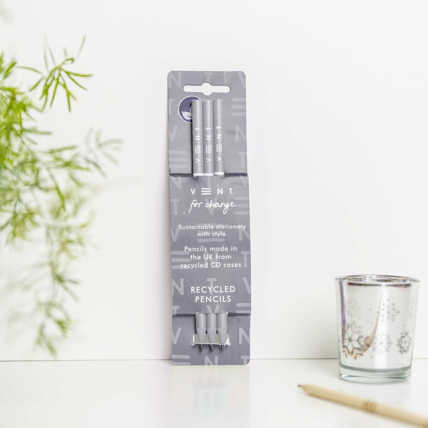 3 recycled pencils with Make a Mark design in sleeve, made from CD cases and fully recyclable - grey