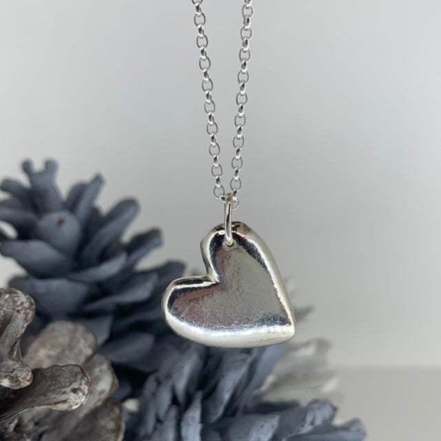 Large solid silver chunky heart pendant necklace handmade in Dundee with 18-inch chain